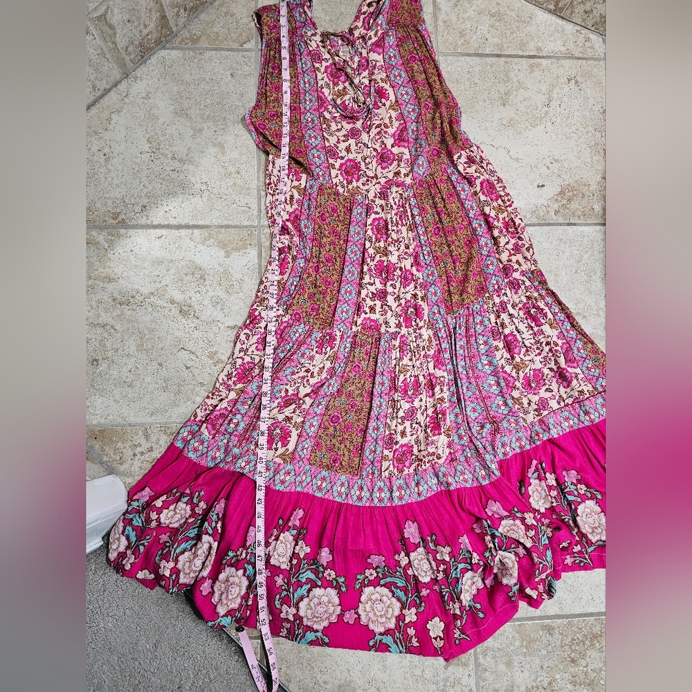 Free People Womens L Maxi Dress Pink Floral Patchwork Lace Up Tiered Boho - Picture 7 of 8